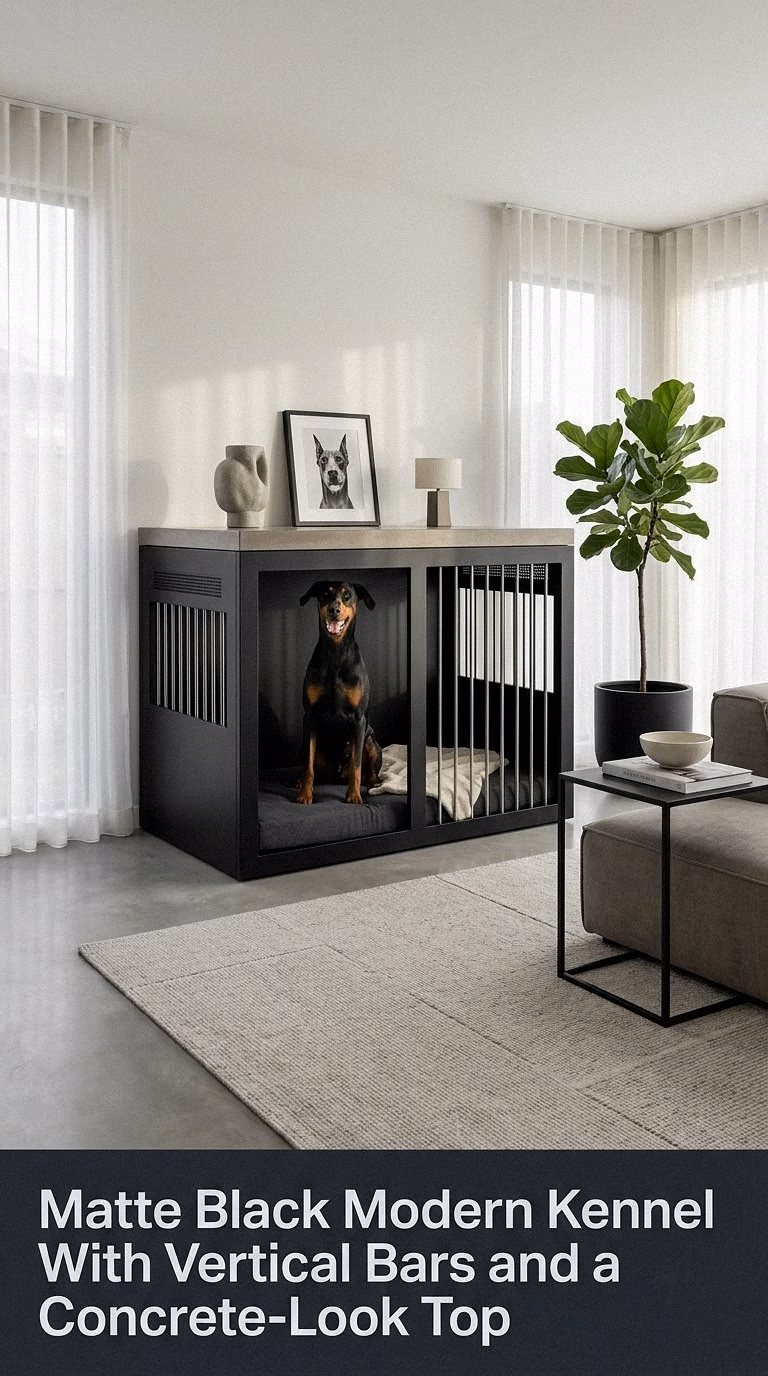 9. Matte Black Modern Kennel With Vertical Bars and a Concrete-Look Top