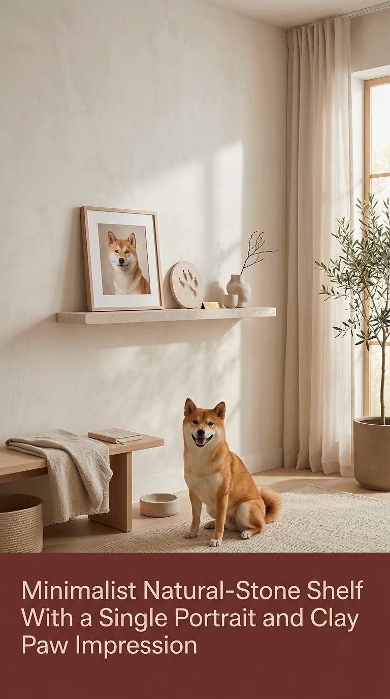 9. Minimalist Natural-Stone Shelf With a Single Portrait and Clay Paw Impression