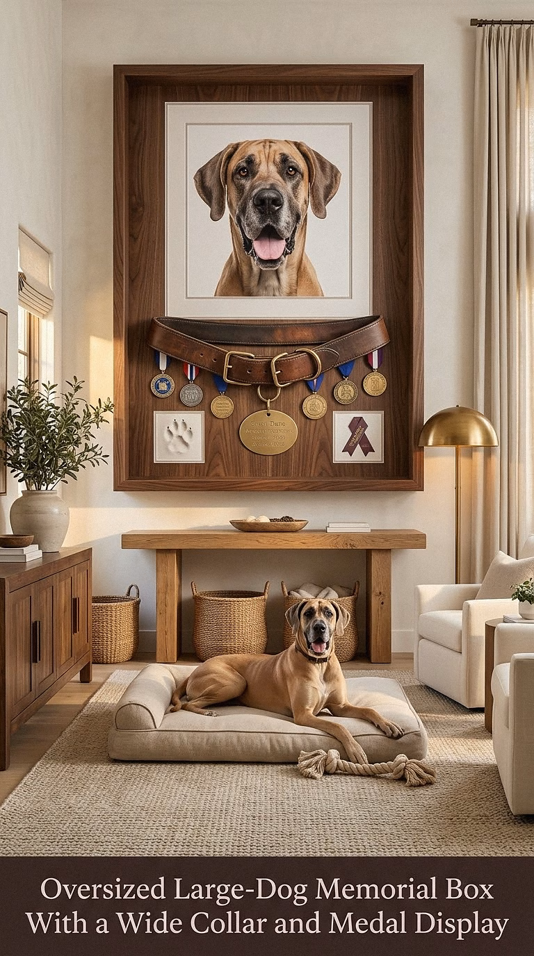 9. Oversized Large-Dog Memorial Box With a Wide Collar and Medal Display