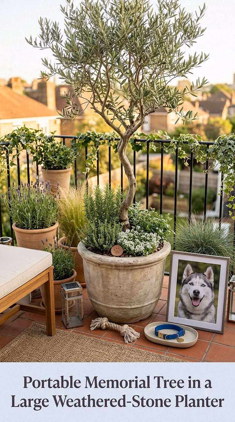 9. Portable Memorial Tree in a Large Weathered-Stone Planter