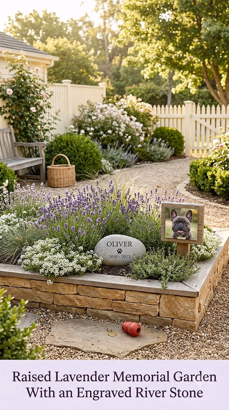9. Raised Lavender Memorial Garden With an Engraved River Stone