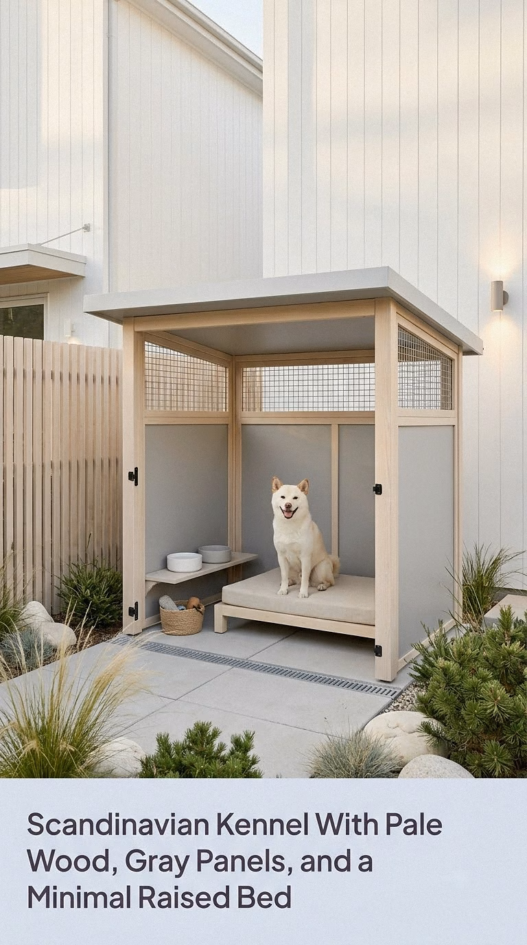 9. Scandinavian Kennel With Pale Wood, Gray Panels, and a Minimal Raised Bed
