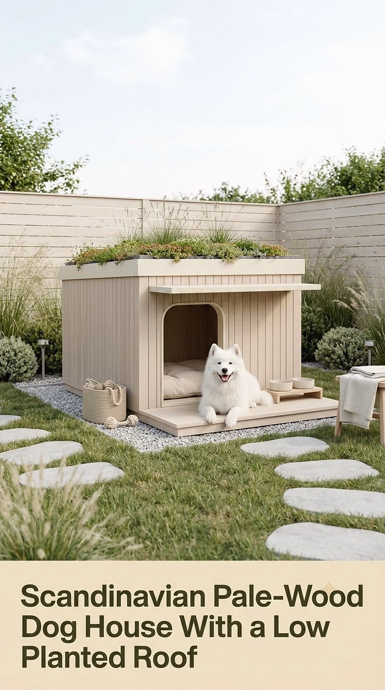 9. Scandinavian Pale-Wood Dog House With a Low Planted Roof