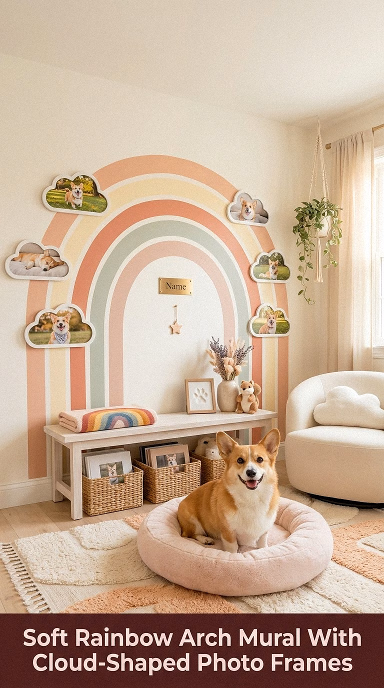 9. Soft Rainbow Arch Mural With Cloud-Shaped Photo Frames
