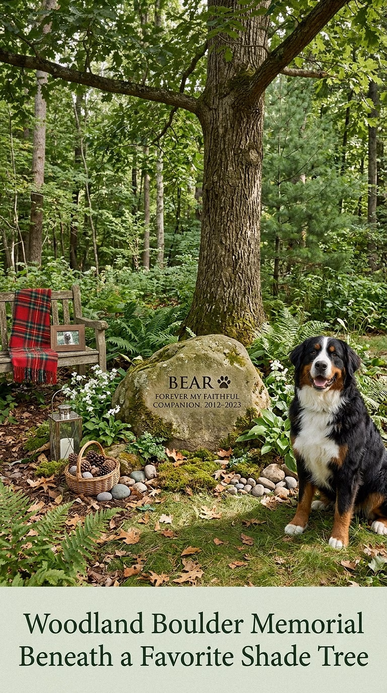 9. Woodland Boulder Memorial Beneath a Favorite Shade Tree