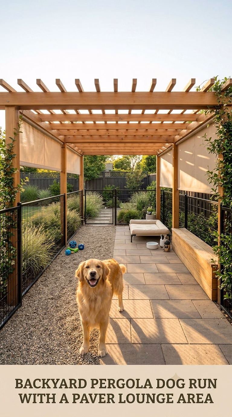 Backyard Pergola Dog Run With a Paver Lounge Area