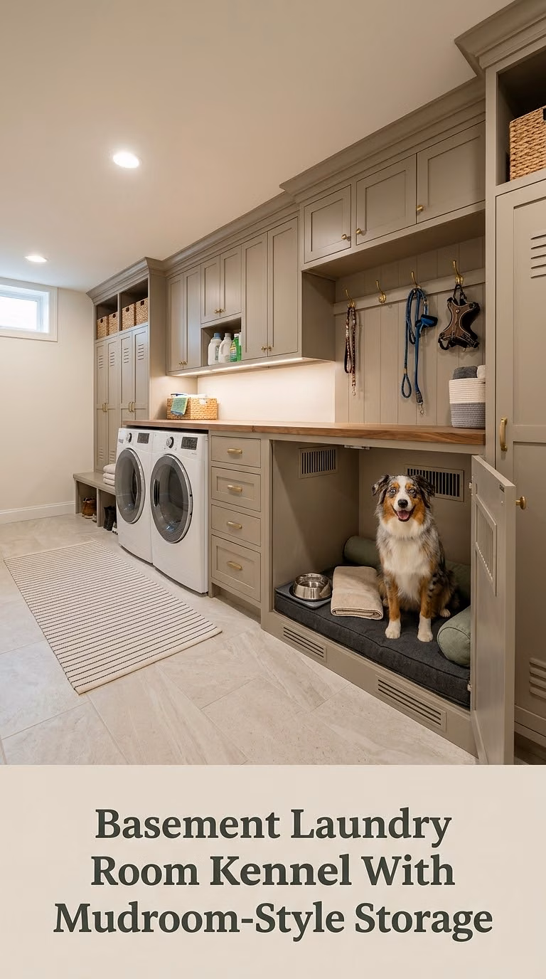 Basement Laundry Room Kennel With Mudroom-Style Storage