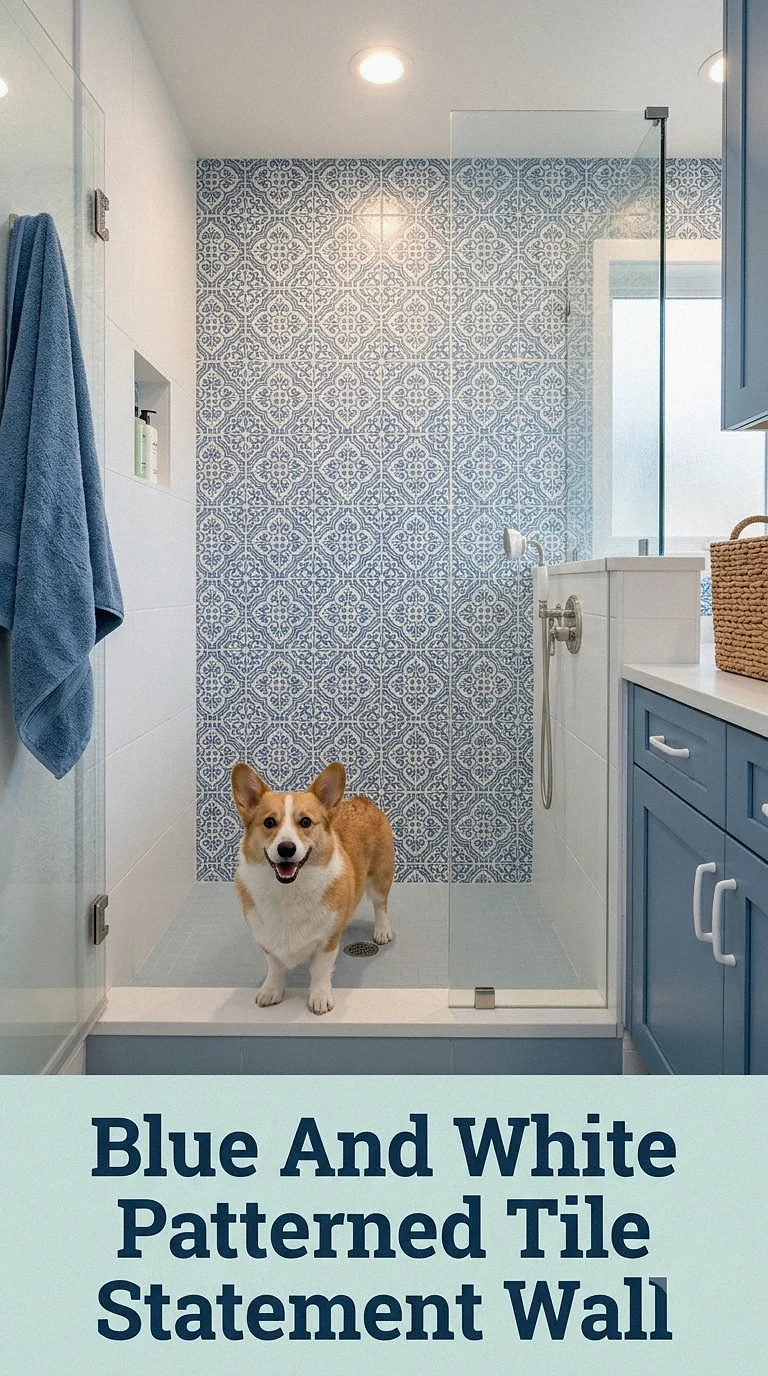 Blue And White Patterned Tile Statement Wall