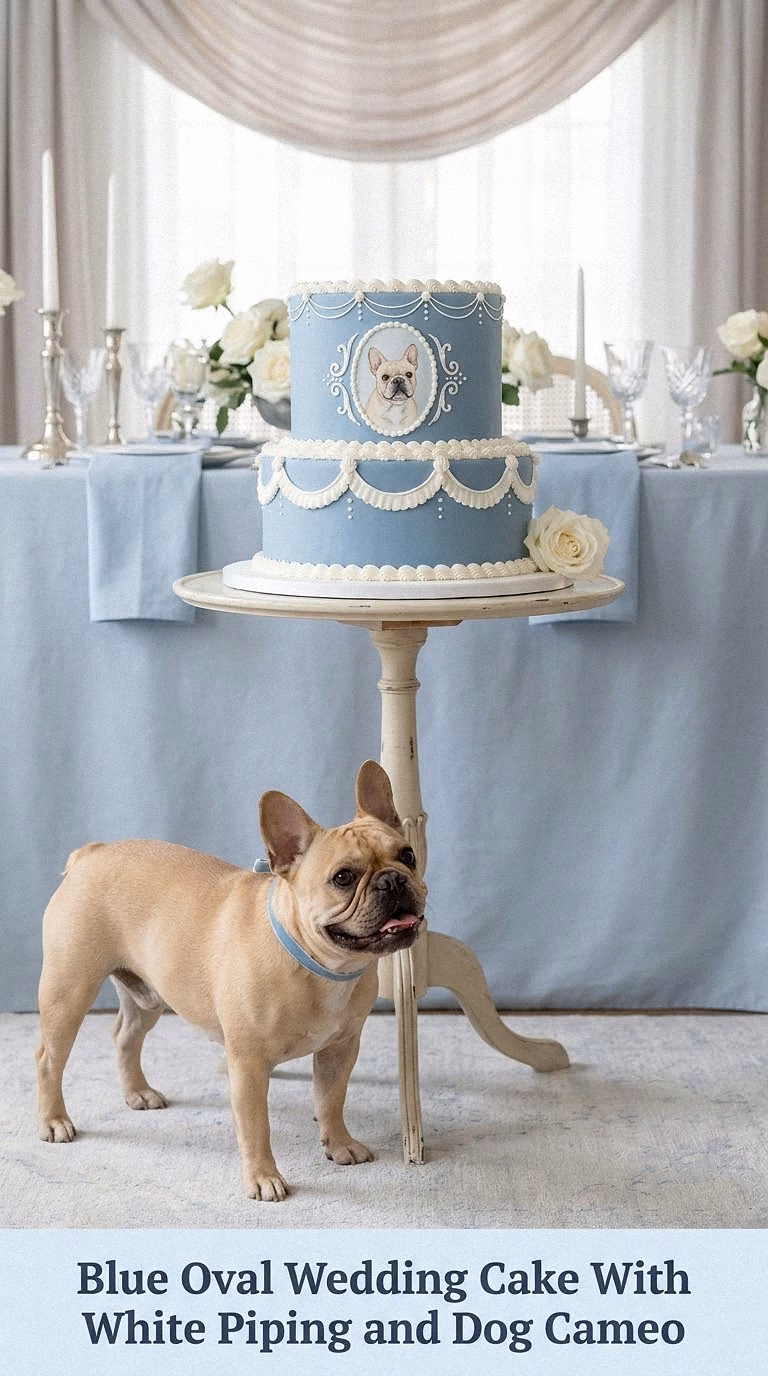 Blue Oval Wedding Cake With White Piping and Dog Cameo