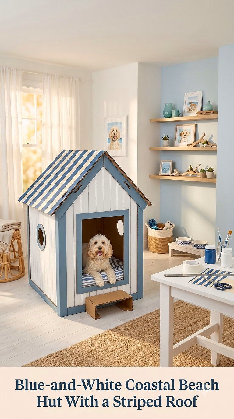 Blue-and-White Coastal Beach Hut With a Striped Roof