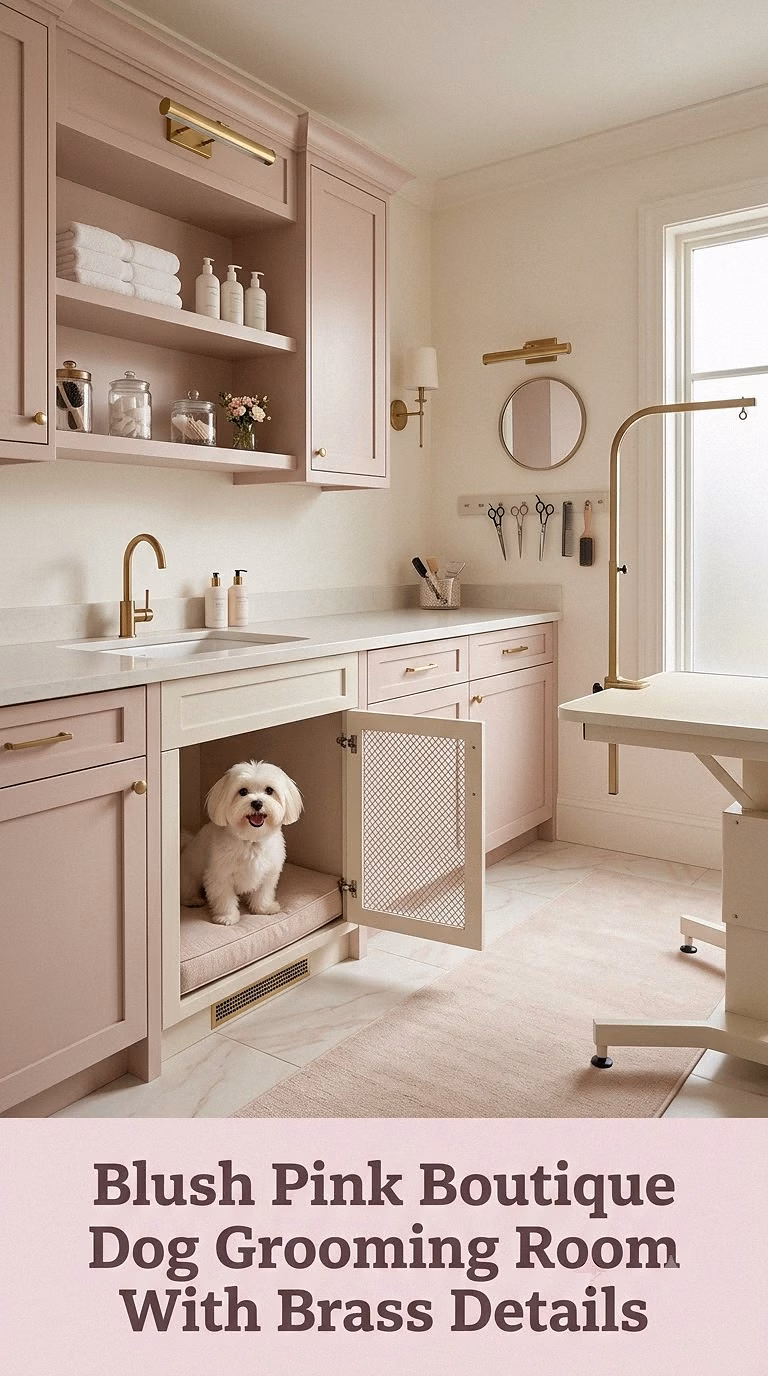 Blush Pink Boutique Dog Grooming Room With Brass Details