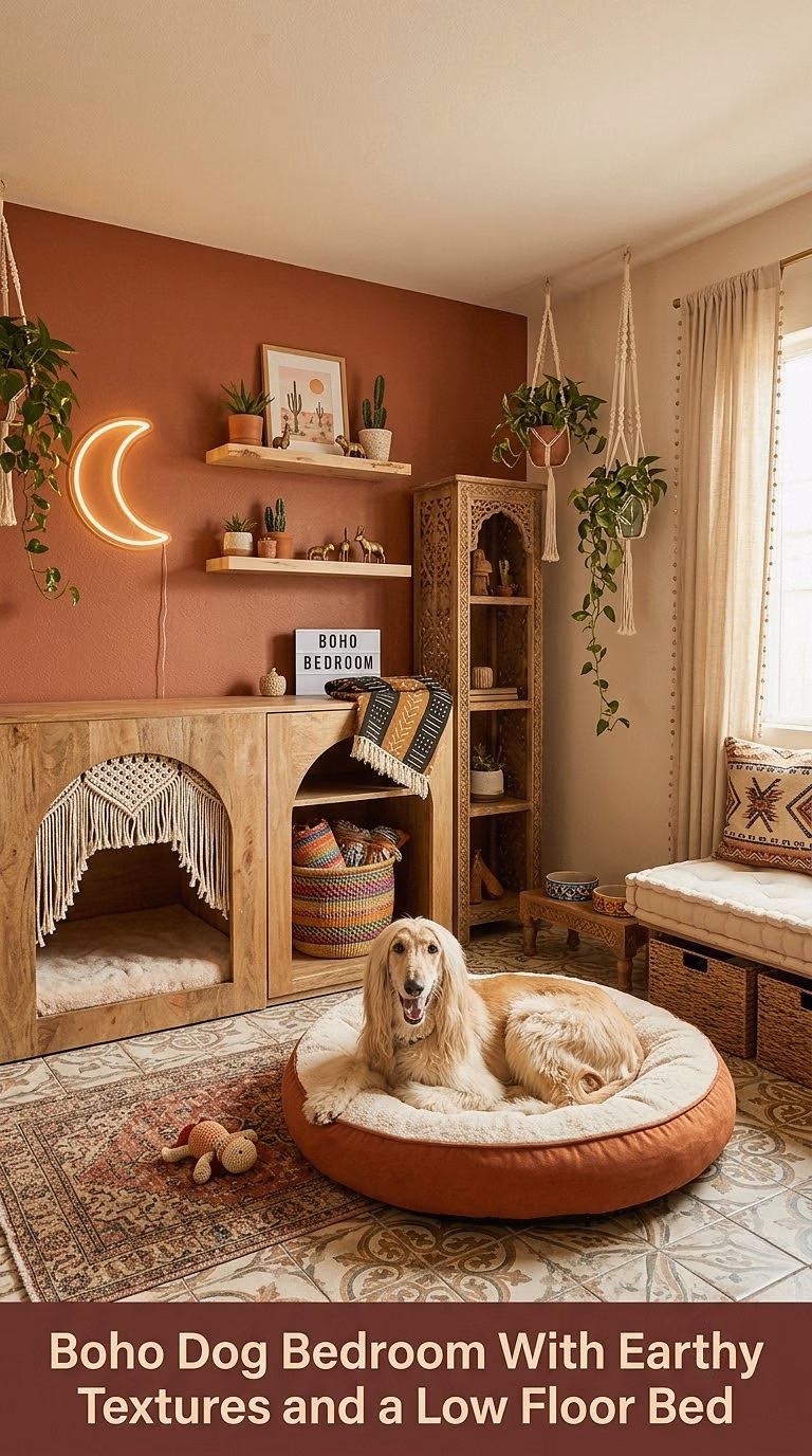 9. Boho Dog Bedroom With Earthy Textures and a Low Floor Bed