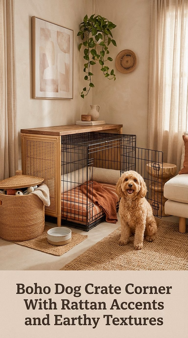 Boho Dog Crate Corner With Rattan Accents and Earthy Textures