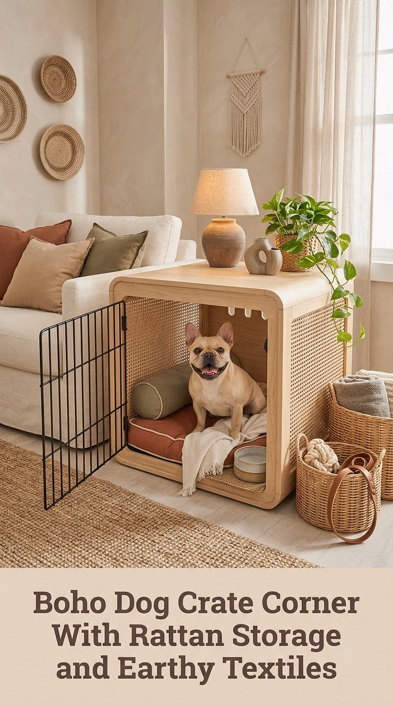 Boho Dog Crate Corner With Rattan Storage and Earthy Textiles