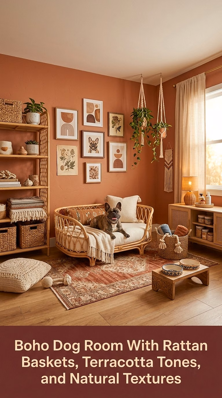 9. Boho Dog Room With Rattan Baskets, Terracotta Tones, and Natural Textures