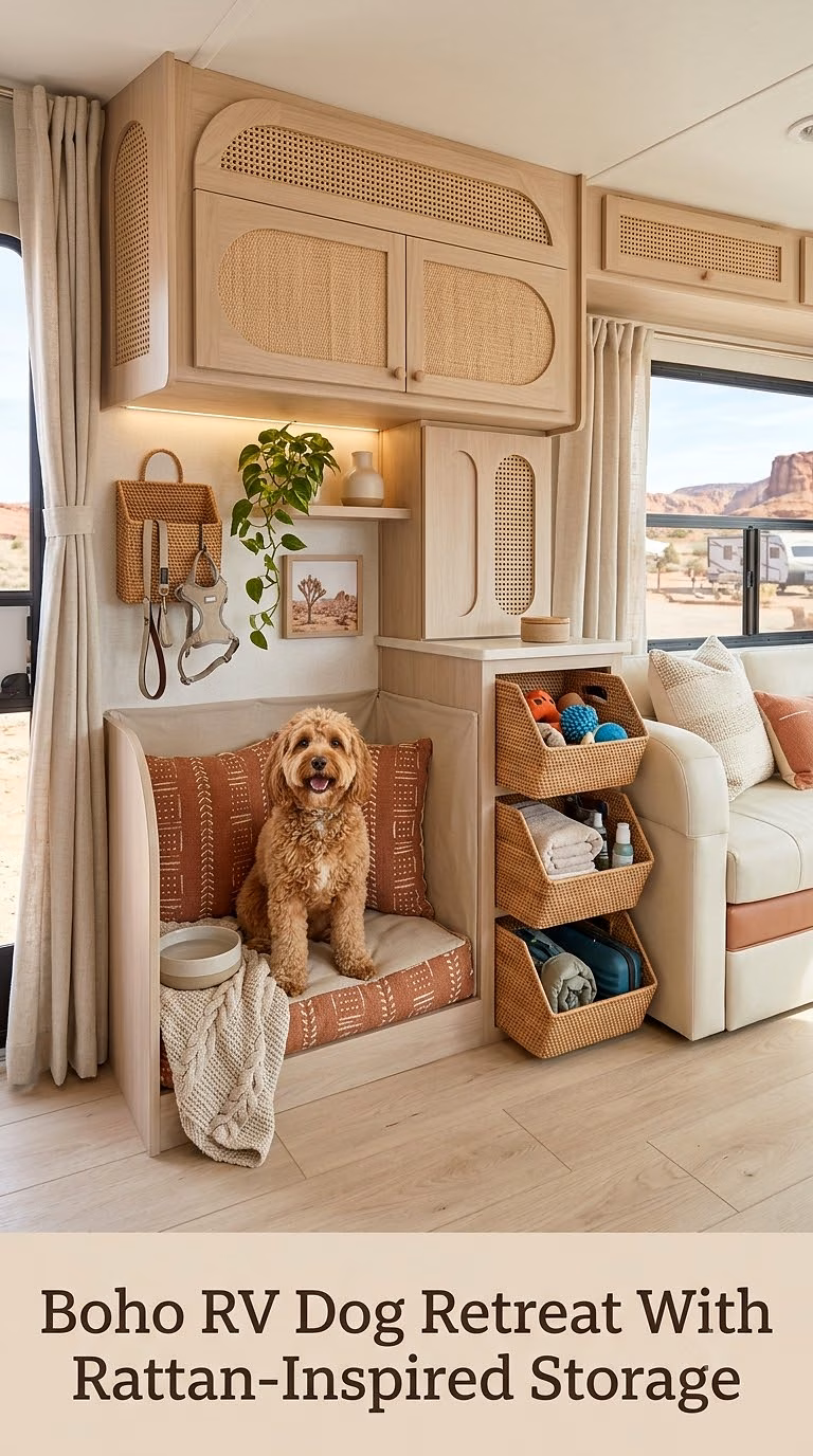 Boho RV Dog Retreat With Rattan-Inspired Storage