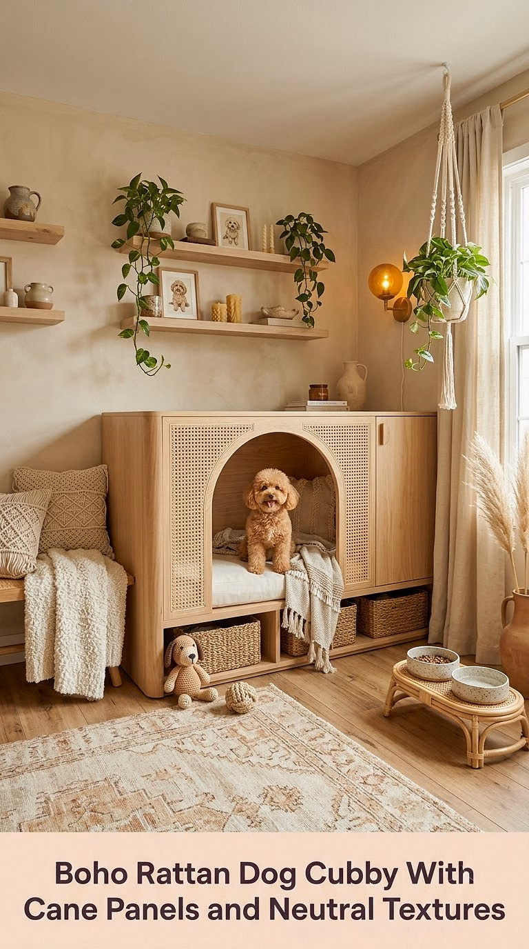 9. Boho Rattan Dog Cubby With Cane Panels and Neutral Textures