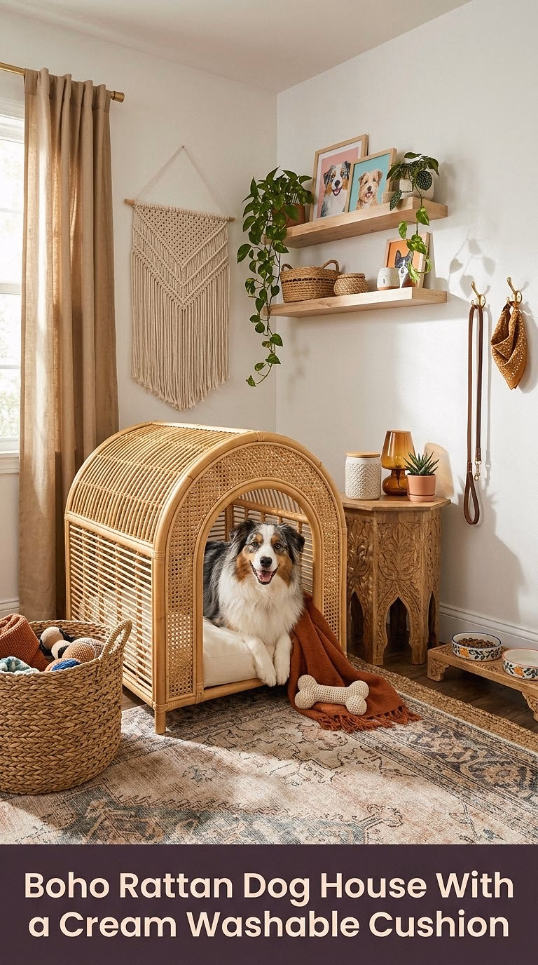 9. Boho Rattan Dog House With a Cream Washable Cushion