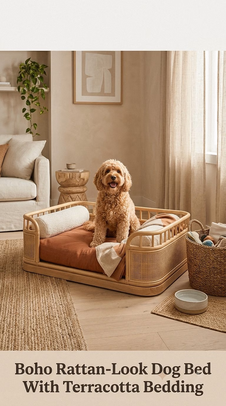 Boho Rattan-Look Dog Bed With Terracotta Bedding