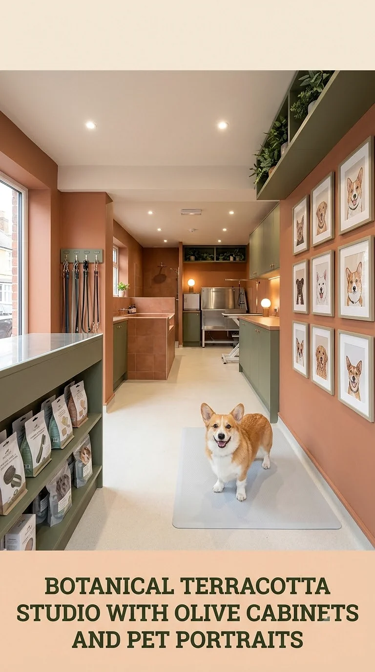 Botanical Terracotta Studio With Olive Cabinets And Pet Portraits