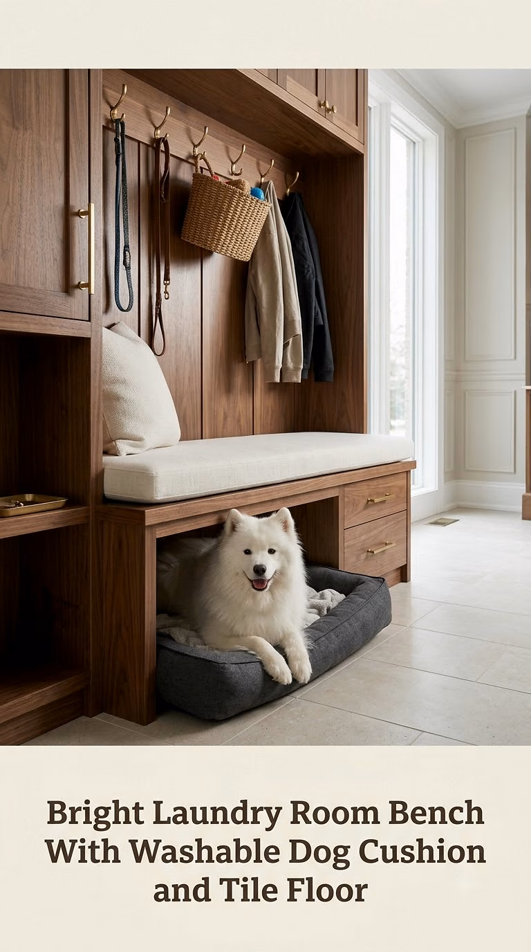 Bright Laundry Room Bench With Washable Dog Cushion and Tile Floor