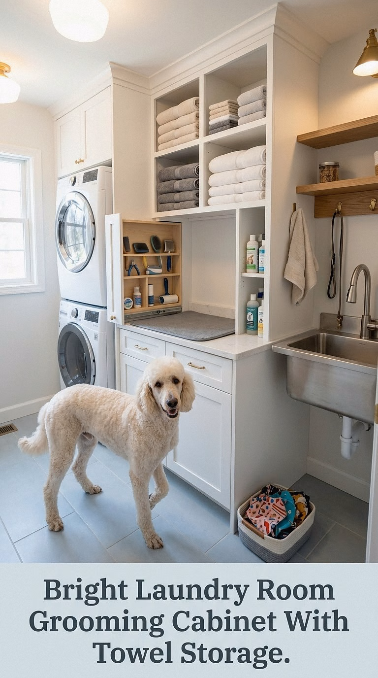 Bright Laundry Room Grooming Cabinet With Towel Storage