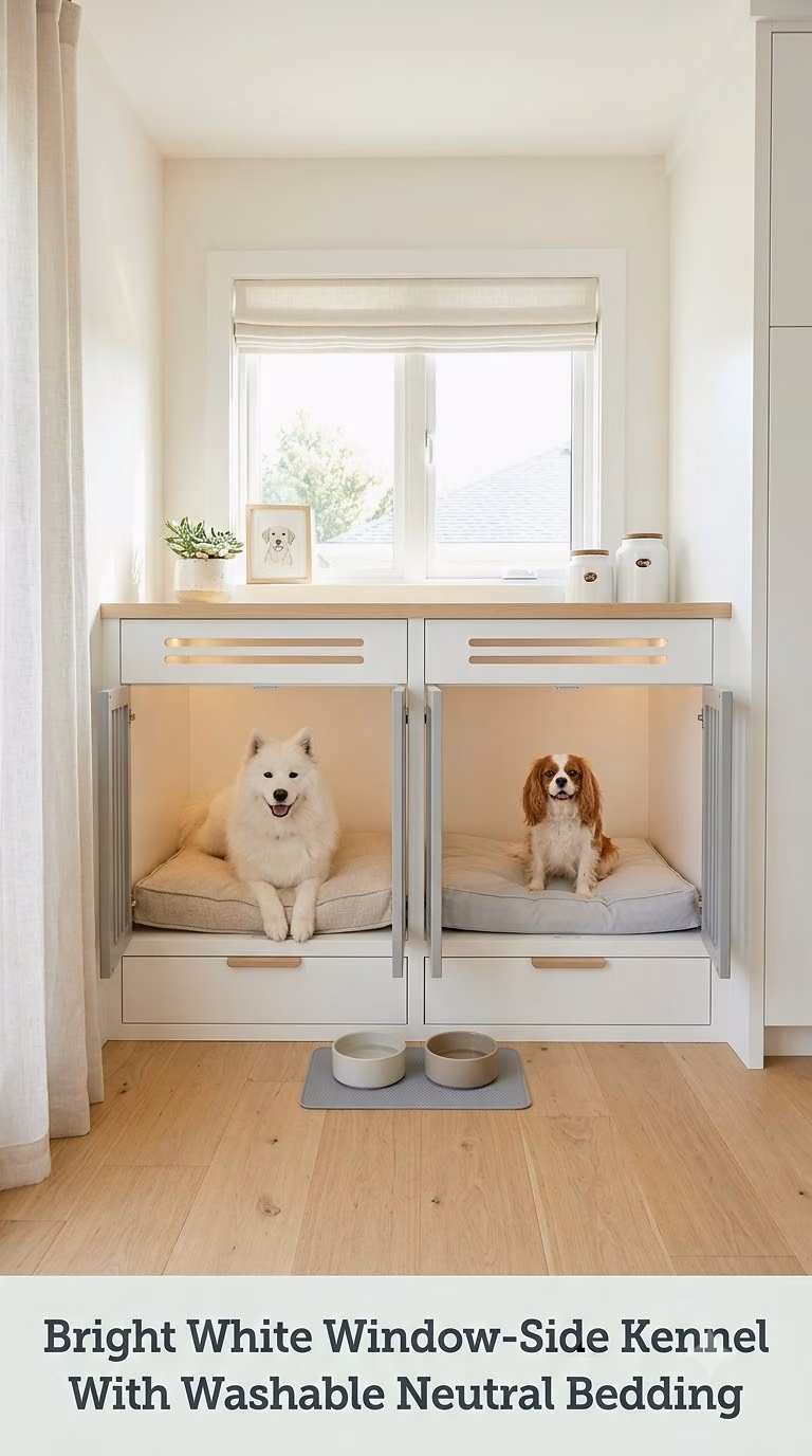 Bright White Window-Side Kennel With Washable Neutral Bedding