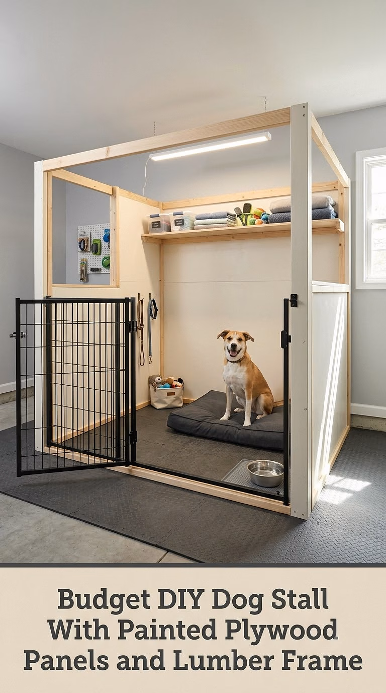 Budget DIY Dog Stall With Painted Plywood Panels and Lumber Frame