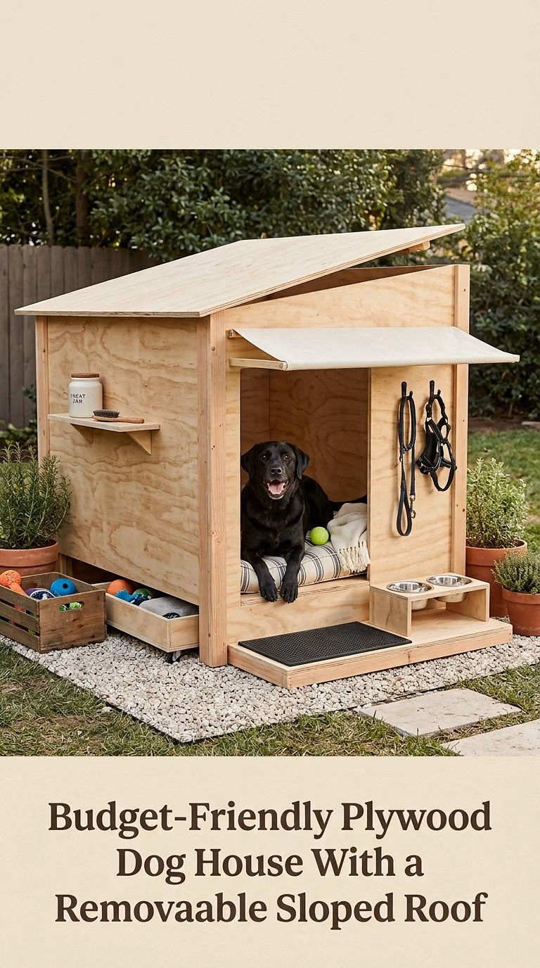 9. Budget-Friendly Plywood Dog House With a Removable Sloped Roof