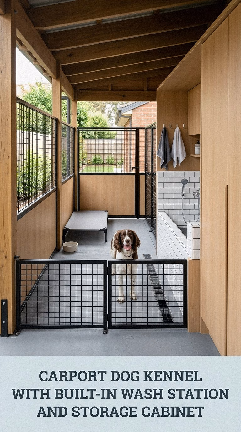 Carport Dog Kennel With Built-In Wash Station and Storage Cabinet