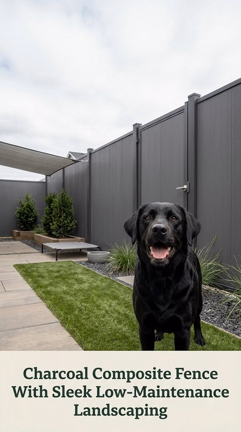 Charcoal Composite Fence With Sleek Low-Maintenance Landscaping