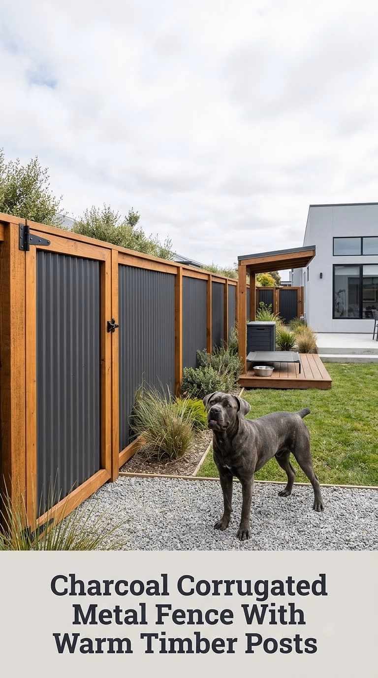 Charcoal Corrugated Metal Fence With Warm Timber Posts