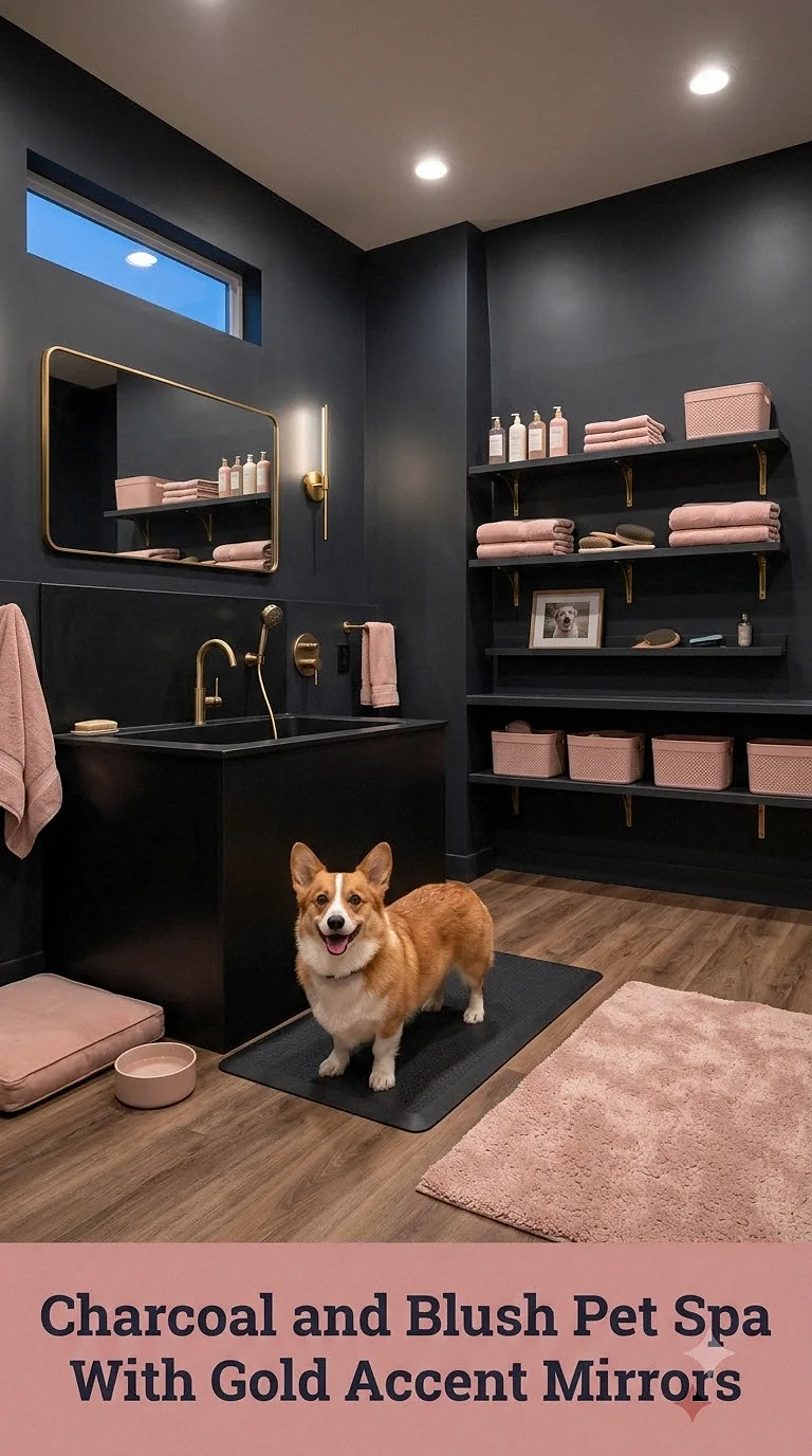 Charcoal and Blush Pet Spa With Gold Accent Mirrors