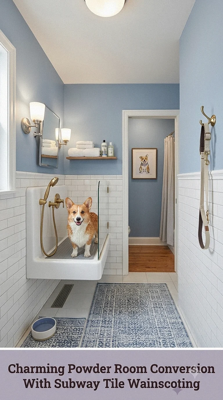 Charming Powder Room Conversion With Subway Tile Wainscoting