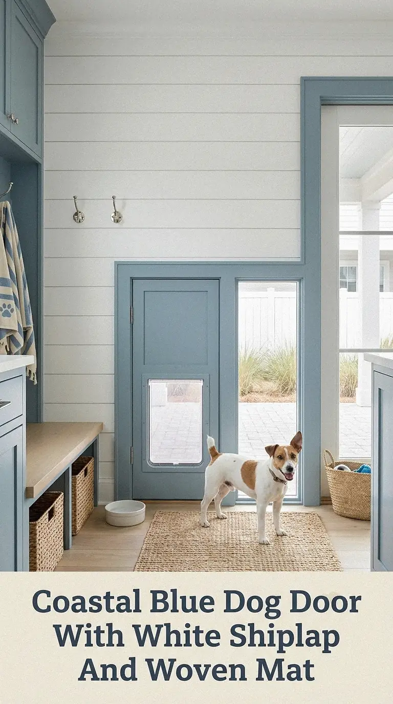 Coastal Blue Dog Door With White Shiplap And Woven Mat