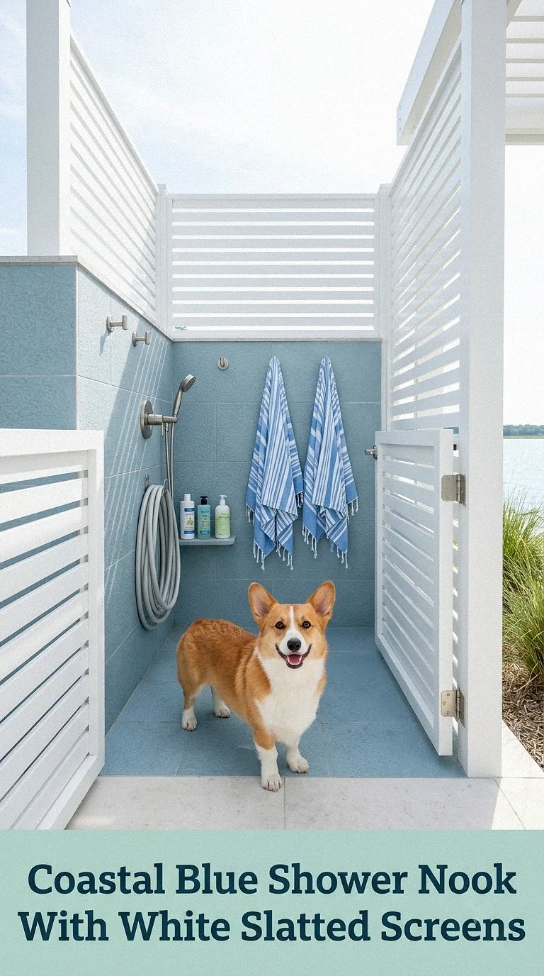 Coastal Blue Shower Nook With White Slatted Screens