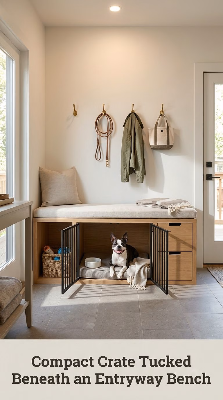 Compact Crate Tucked Beneath an Entryway Bench