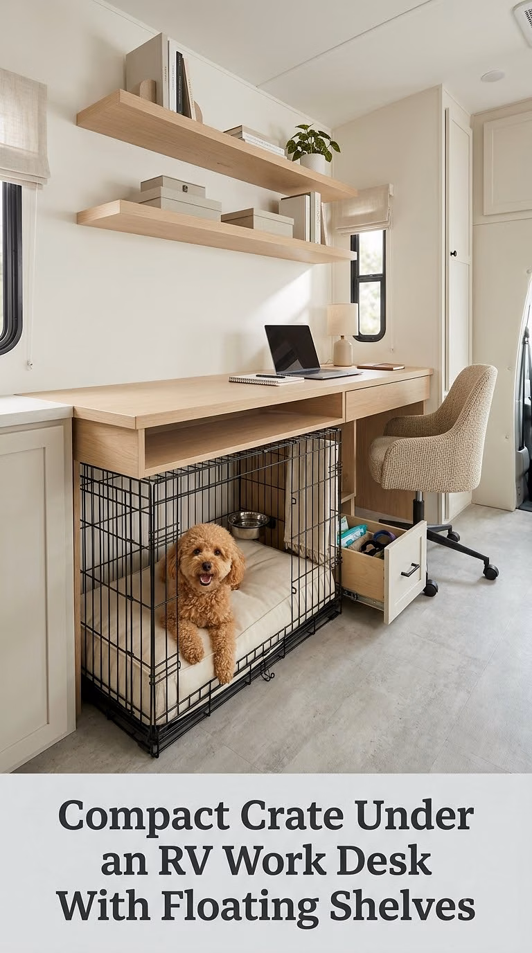 Compact Crate Under an RV Work Desk With Floating Shelves