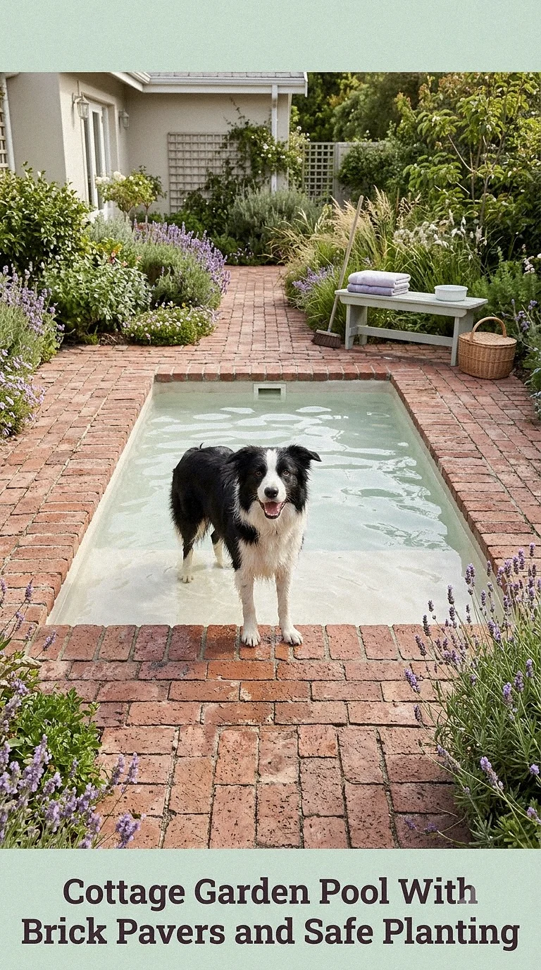 Cottage Garden Pool With Brick Pavers and Safe Planting