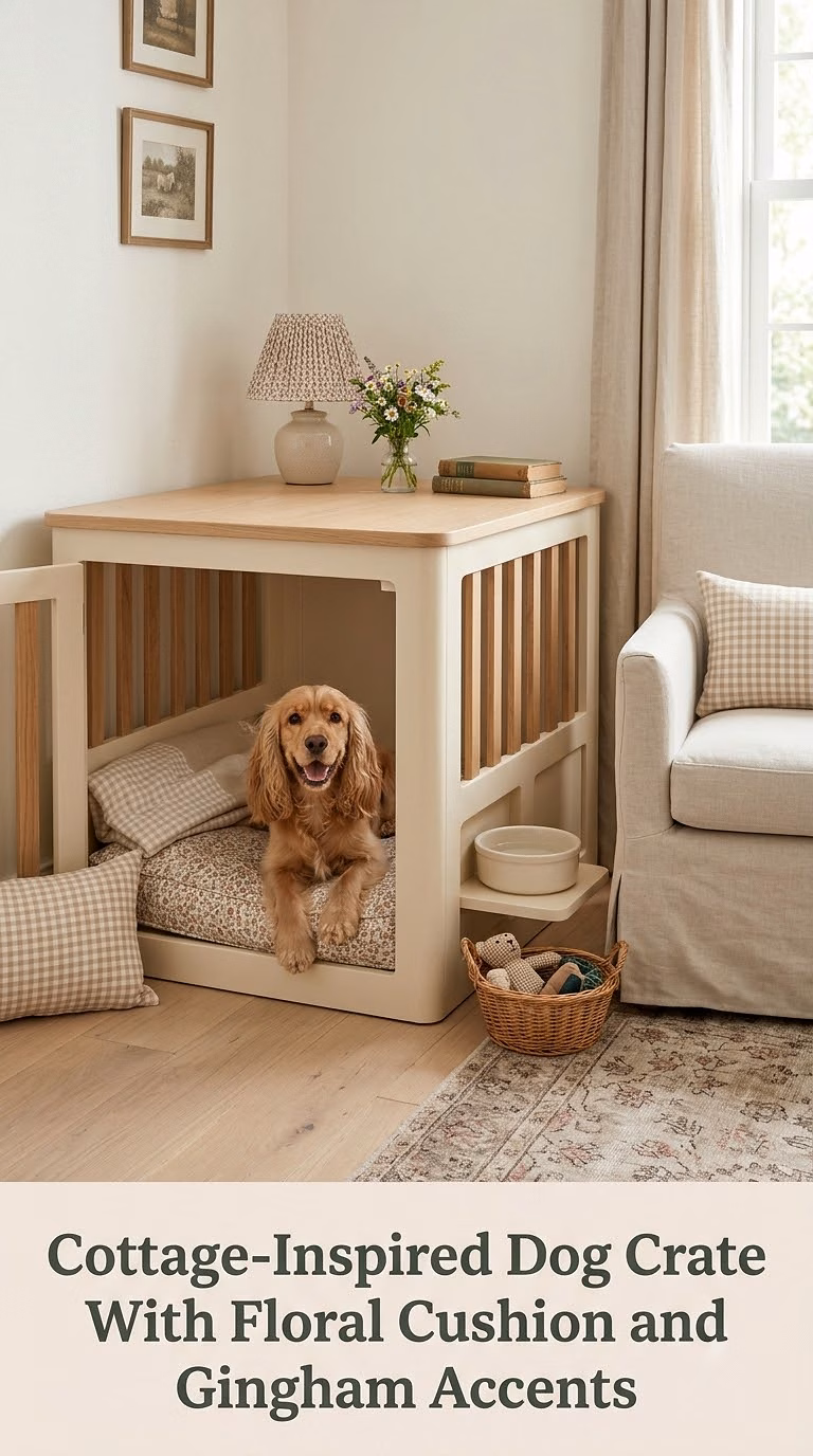 Cottage-Inspired Dog Crate With Floral Cushion and Gingham Accents