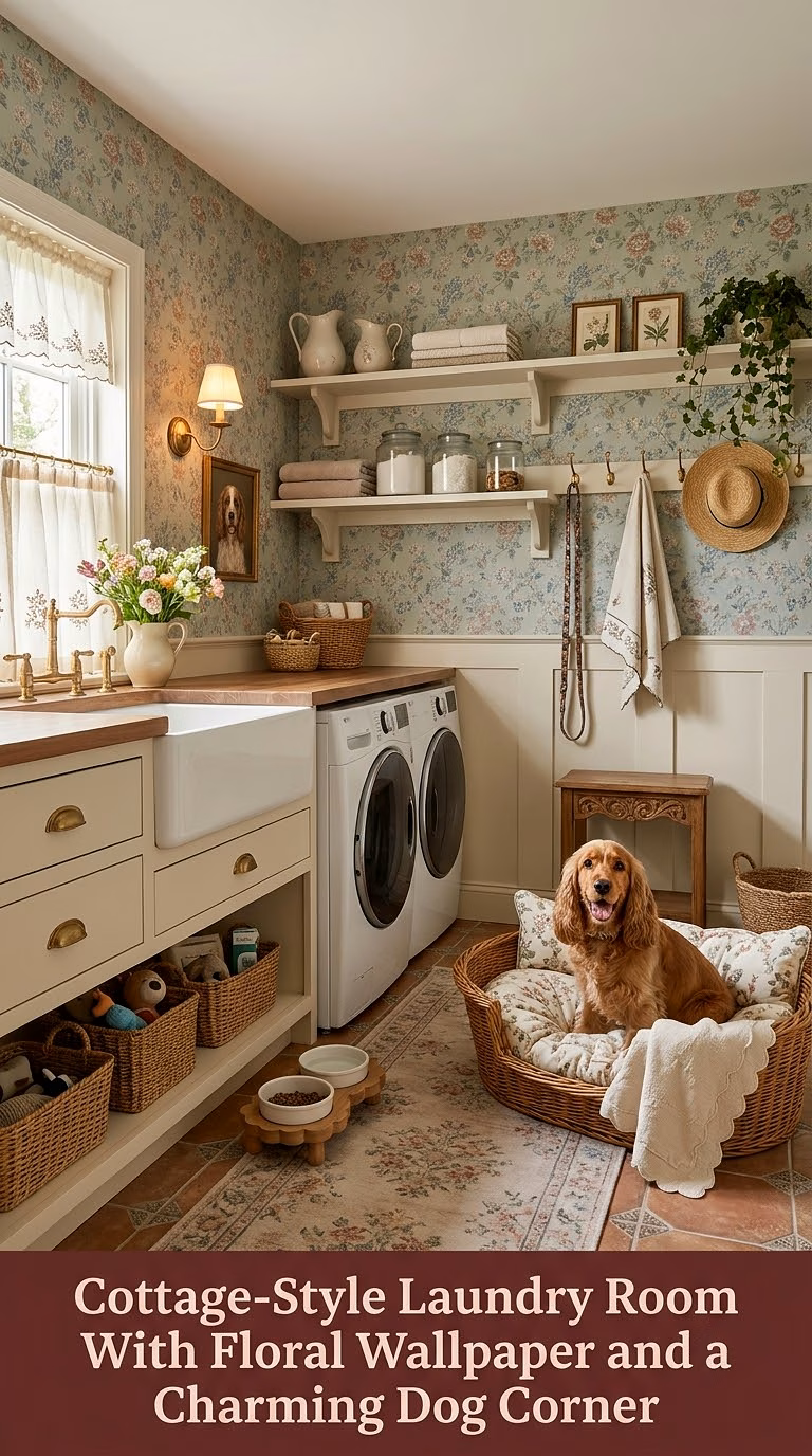 9. Cottage-Style Laundry Room With Floral Wallpaper and a Charming Dog Corner