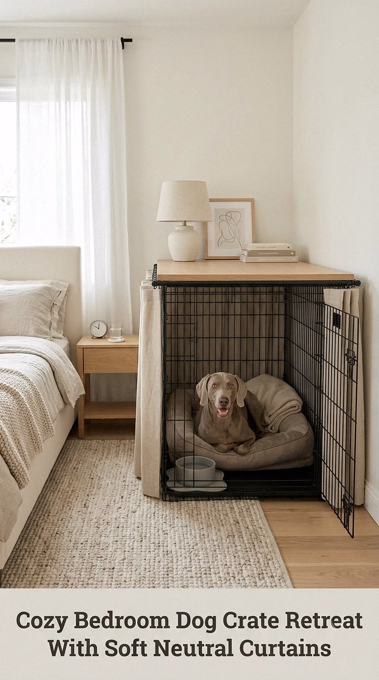 Cozy Bedroom Dog Crate Retreat With Soft Neutral Curtains