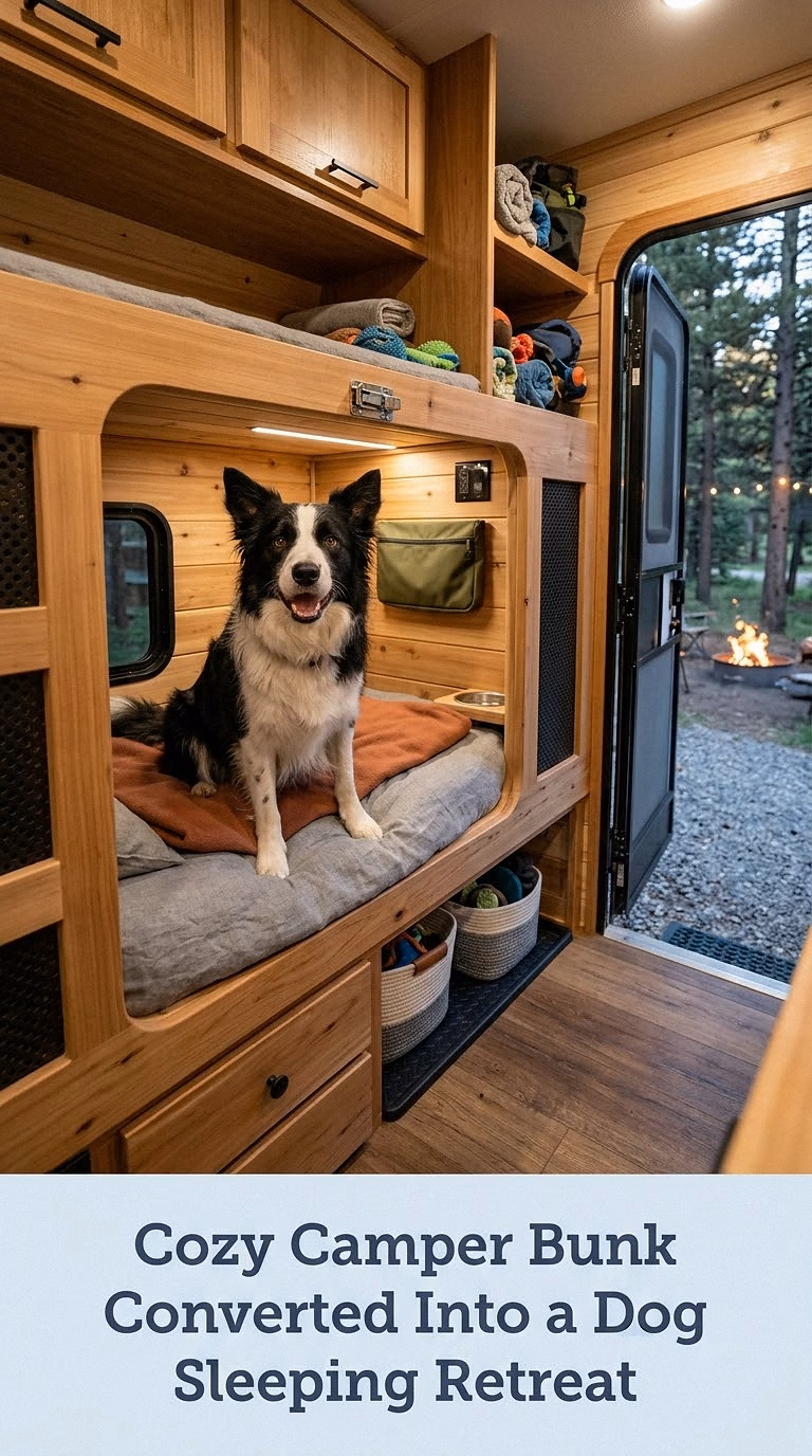 Cozy Camper Bunk Converted Into a Dog Sleeping Retreat
