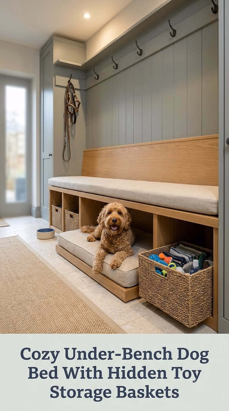 Cozy Under-Bench Dog Bed With Hidden Toy Storage Baskets