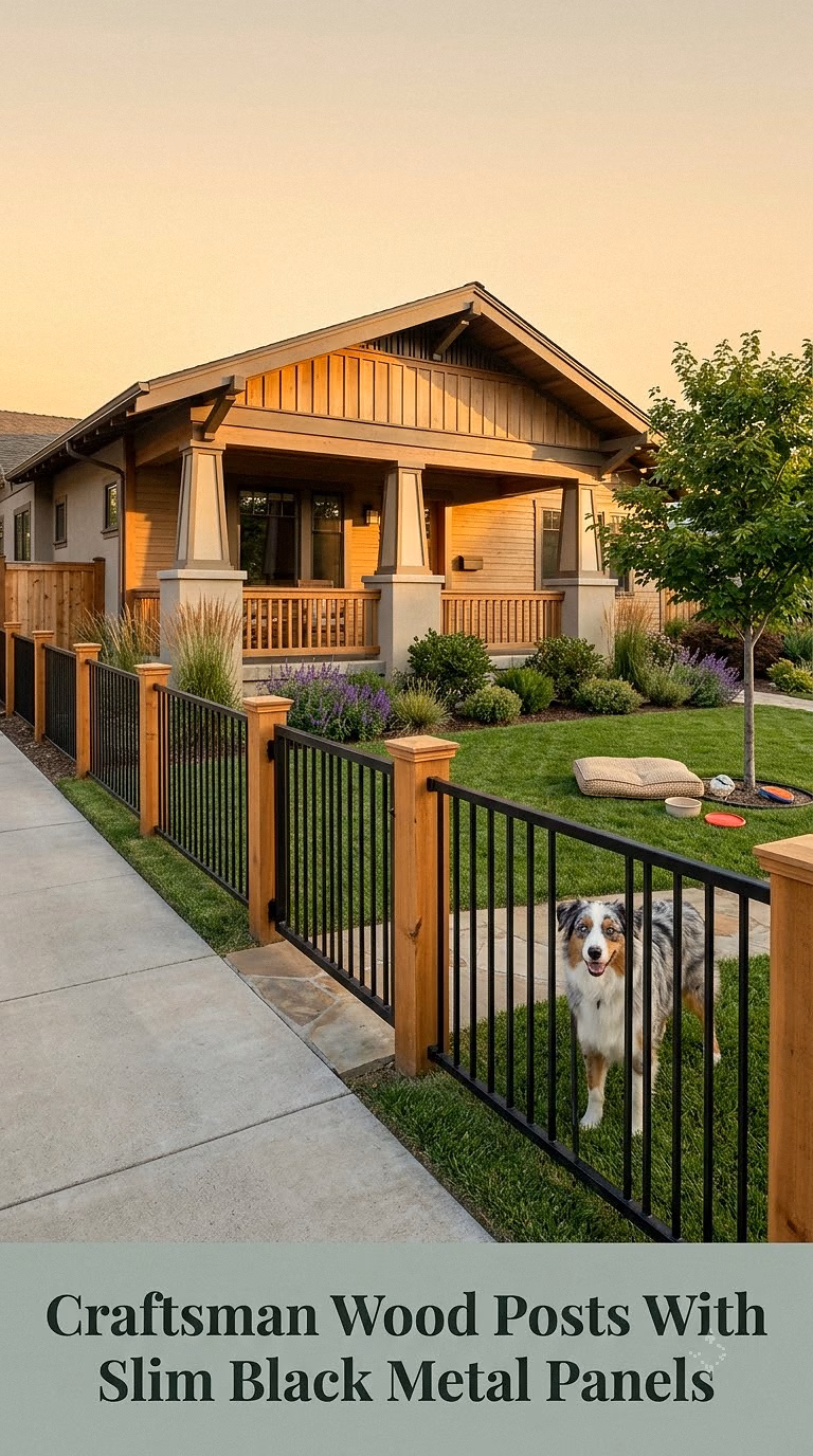 Craftsman Wood Posts With Slim Black Metal Panels