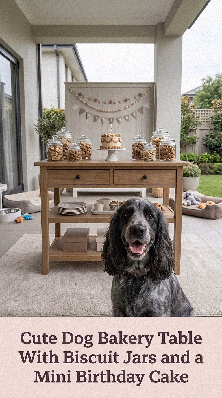 Cute Dog Bakery Table With Biscuit Jars and a Mini Birthday Cake