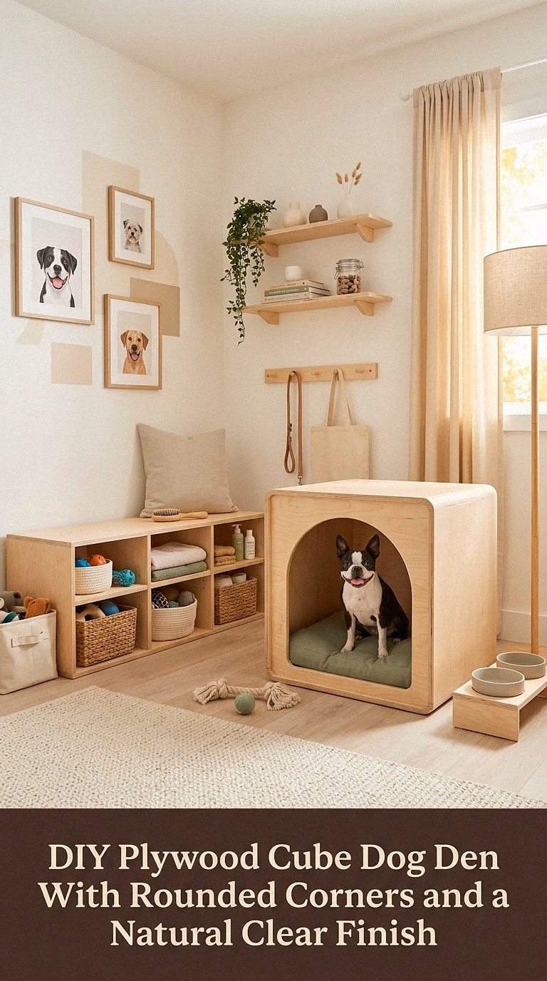 9. DIY Plywood Cube Dog Den With Rounded Corners and a Natural Clear Finish