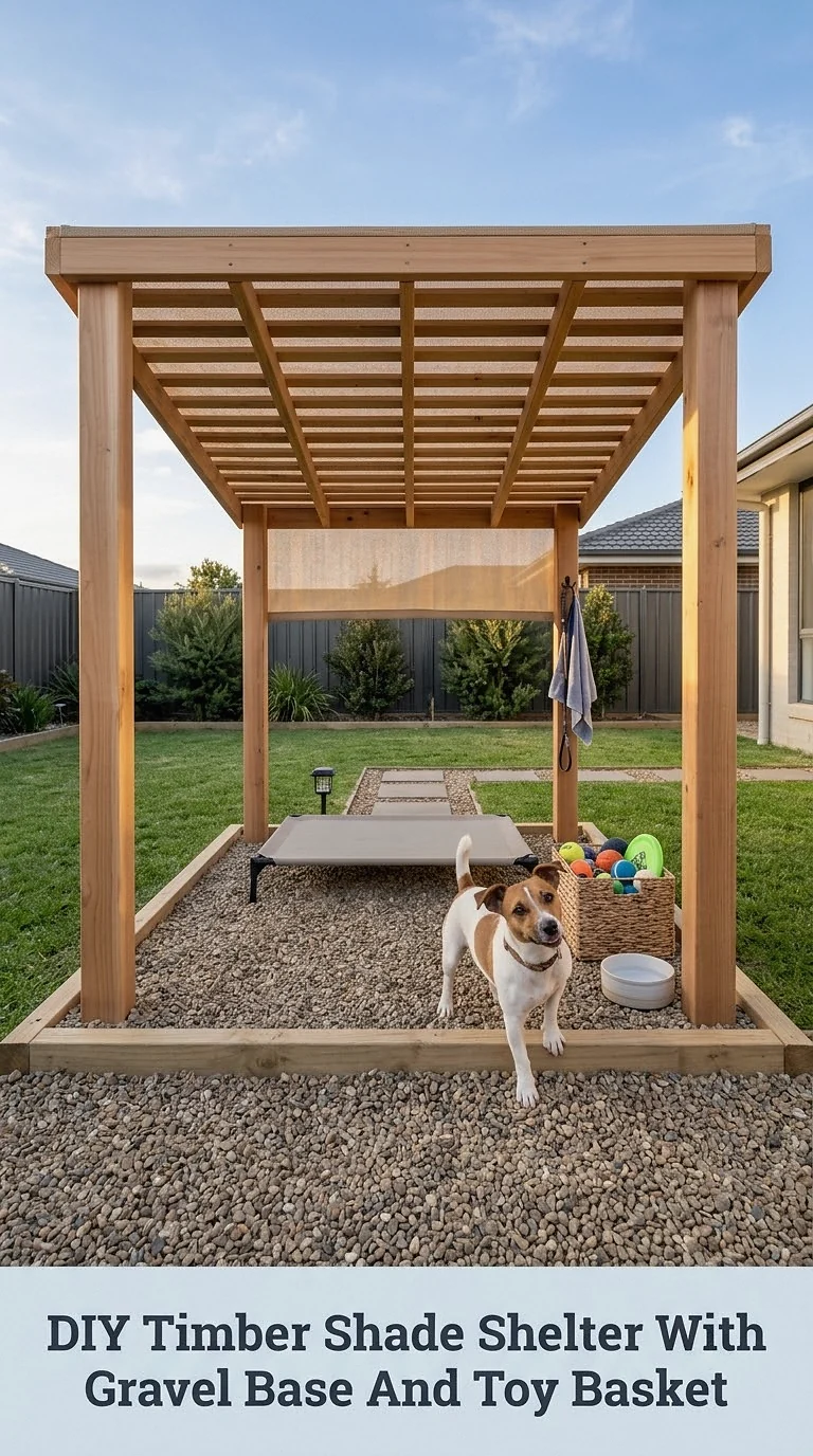 DIY Timber Shade Shelter With Gravel Base And Toy Basket