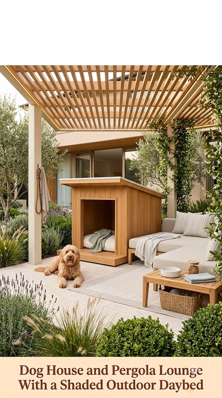 Dog House and Pergola Lounge With a Shaded Outdoor Daybed