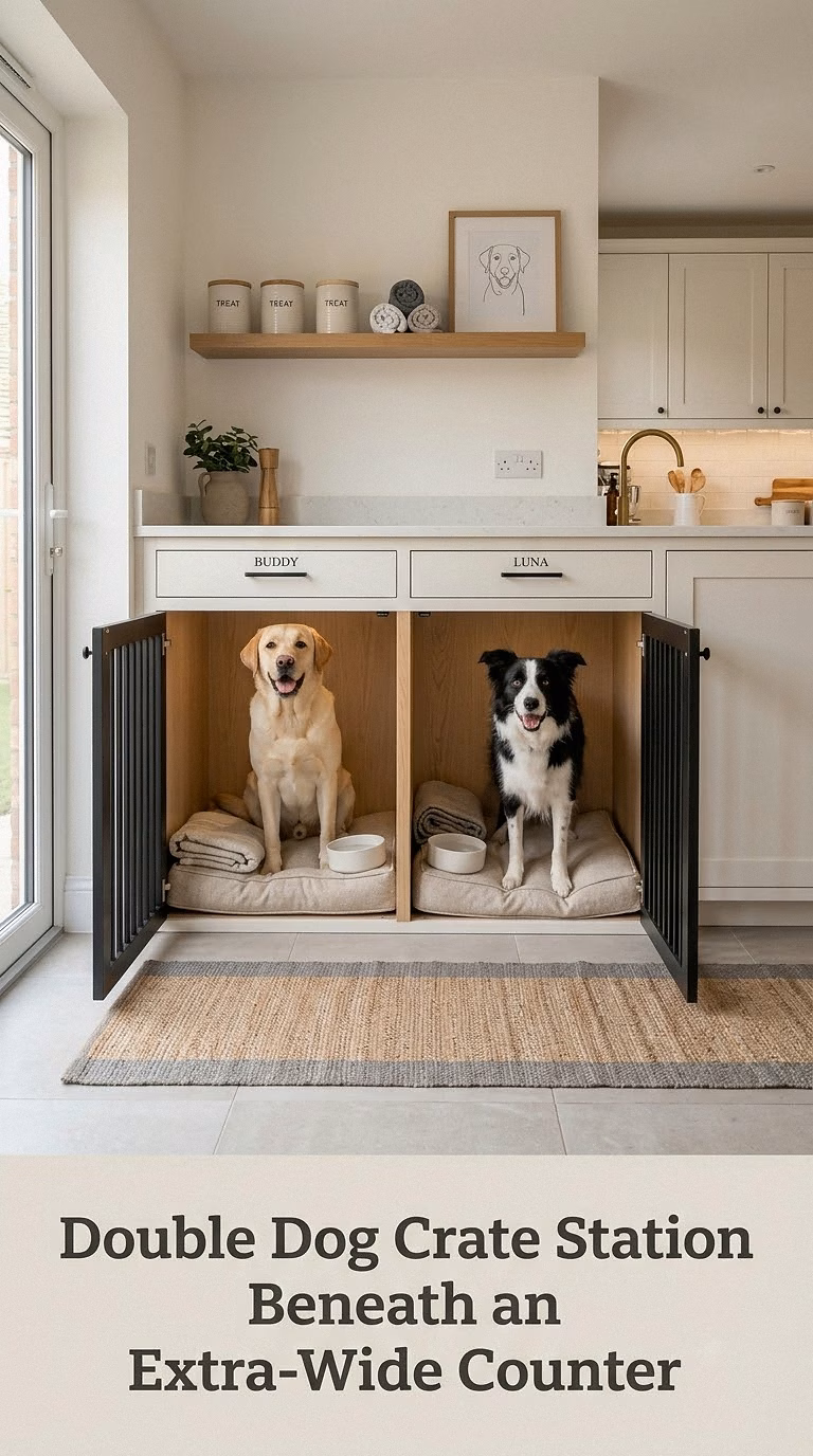 Double Dog Crate Station Beneath an Extra-Wide Counter